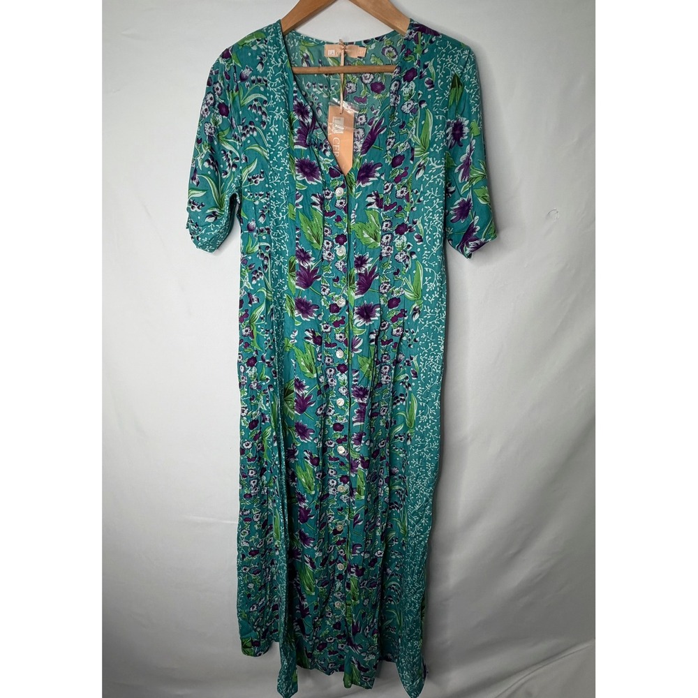 La Cera Teal Floral Button Front Midi Maxi Dress Back Tie Sz M Hawaiian Cottage